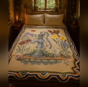 Huge Hand Knit Cross Stitch Blanket Butterfly Bird Flowers Afghan Quilt